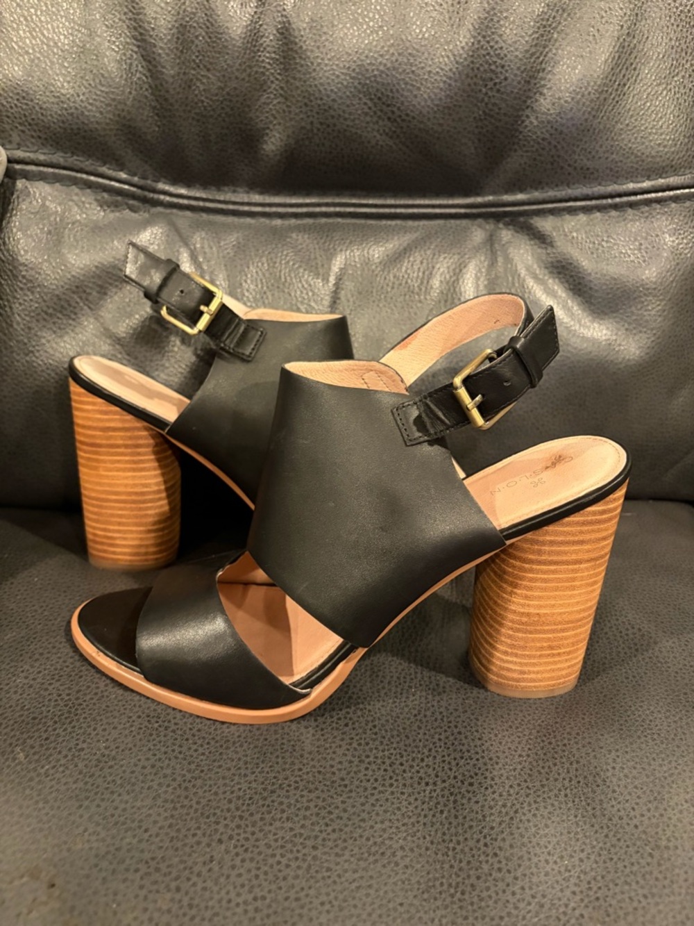 Caslon Black Leather Slingback Block Heels with Wood-Effect Heel